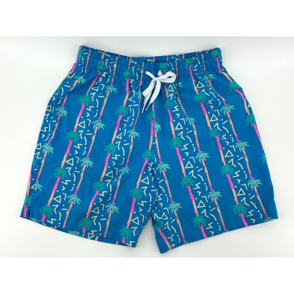 Chubbies Mens Medium 7" Inseam Blue Retro Palm Tree Geometric Swim Trunks Shorts